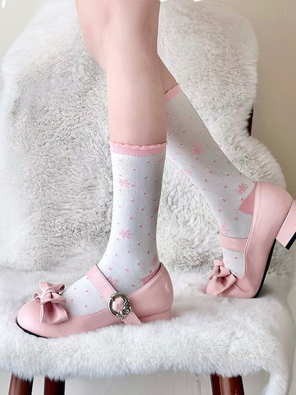 Pink Snowflakes Print Polka-dot Pattern Lolita Calf Socks