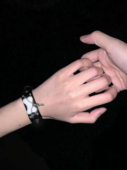 Black Punk Stud Bone Bracelet With Lock/Key Charms