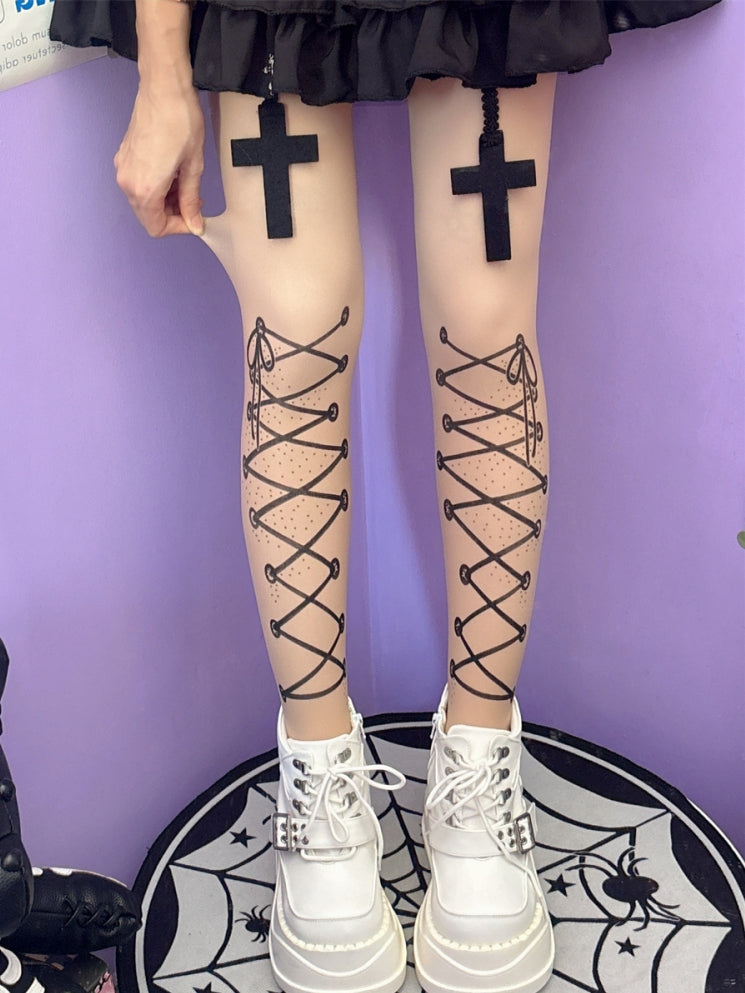 Nude Y2K Lace-up Straps Print Tights