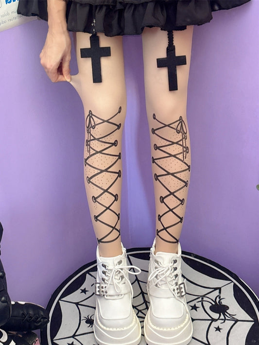 Nude Y2K Lace-up Straps Print Tights