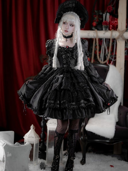 Black Layered Bell Sleeves Kuro Gothic Lolita Dress Bowknot Details and Drawstring Skirt