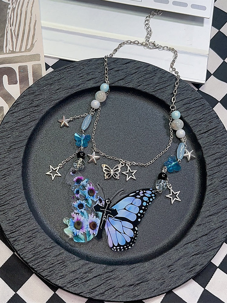 Blue Y2K Cross Decorated Butterfly Pendant Necklace