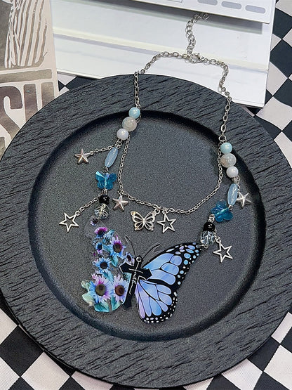 Blue Y2K Cross Decorated Butterfly Pendant Necklace