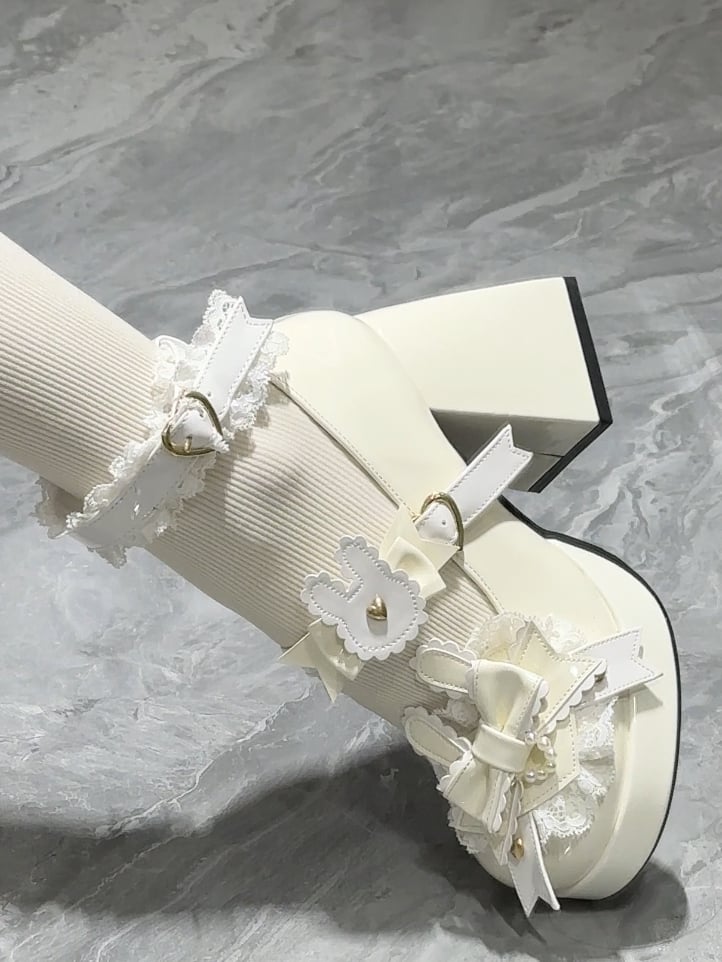 Polished White Sweet Lolita Bunny Decorated Bowknot Details Lace Trim Platform High Block Heels