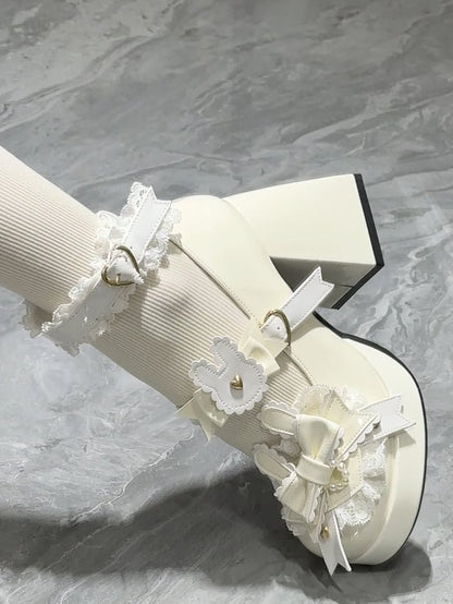 Polished White Sweet Lolita Bunny Decorated Bowknot Details Lace Trim Platform High Block Heels