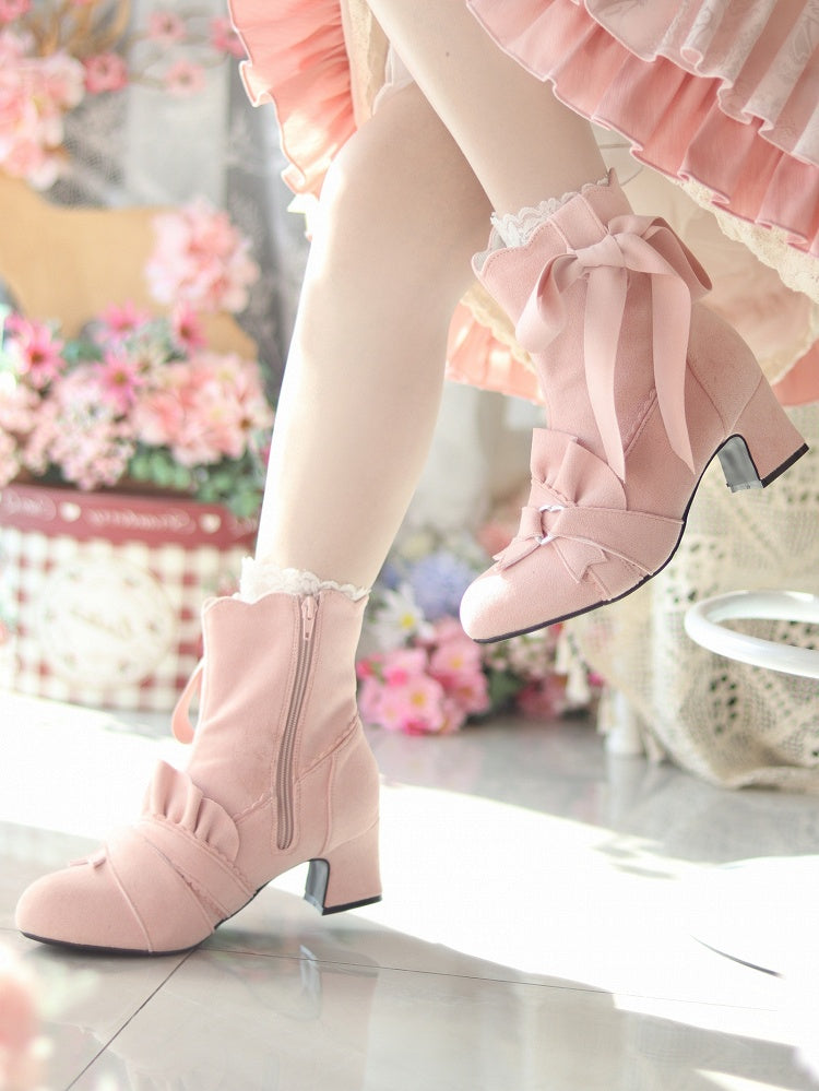 Pink Knotted Bow Accent Zip Closure at Sides Ankle Boots