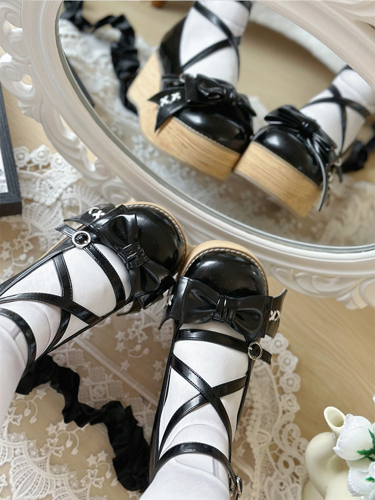 Black Bow at Top Crisscross Design Sweet Lolita Platforms