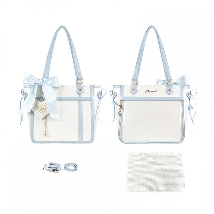 White and Blue Bowknot and Heart-shaped Charm Ita Bag