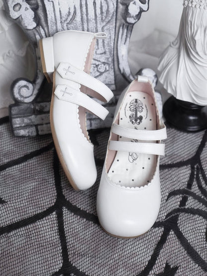 White Gothic Cross Embroidery Velcro Strap Closures Round Toe Flats