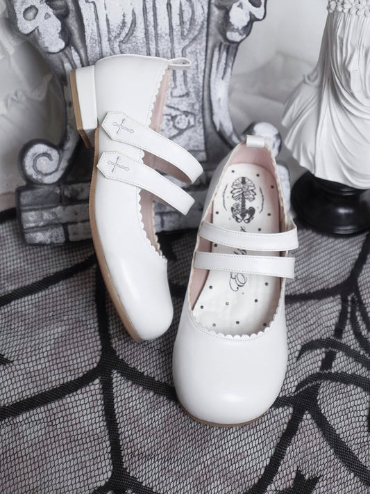 White Gothic Cross Embroidery Velcro Strap Closures Round Toe Flats