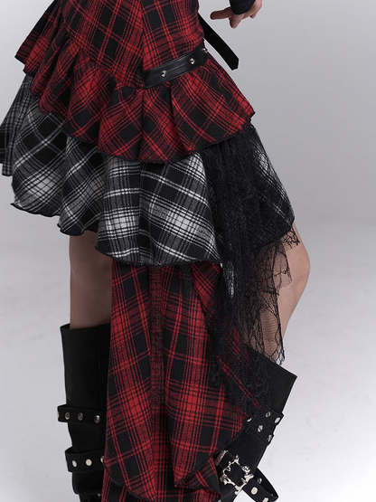 Red & Black Mesh Patchwork Asymmetrical Plaid Skirt with PU Buckle Belt
