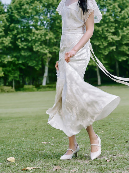 Vintage White Jacquard Lace Sleeves Summer Dress