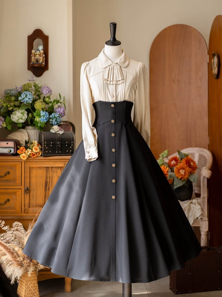 Black Boned Corset Belt High Waist Retro Midi Skirt with Button Accents