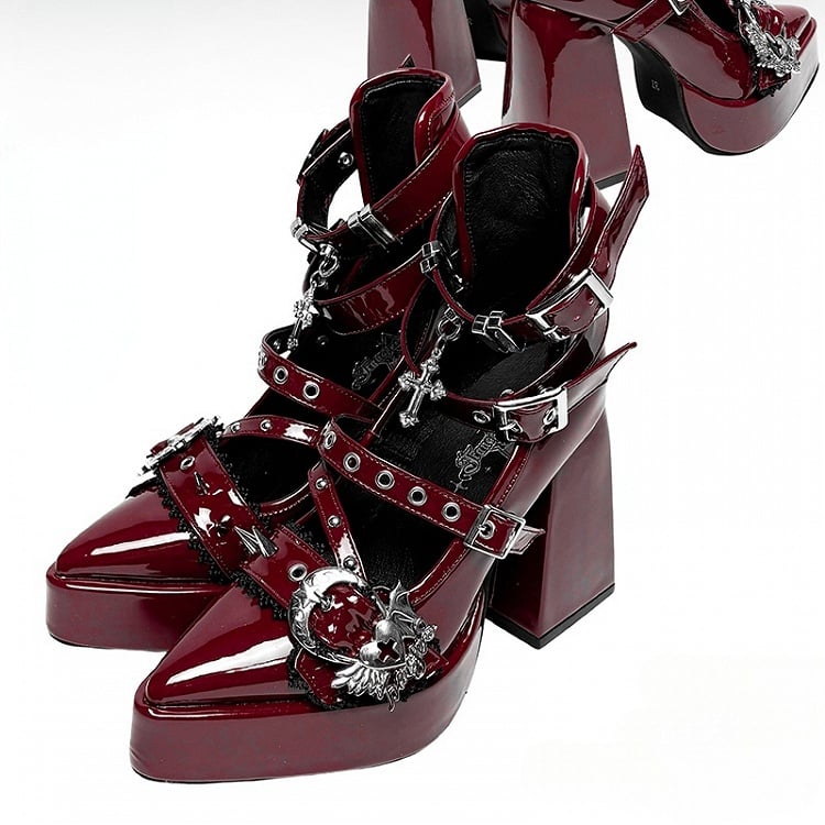 Gothic Wine Red Cross Heart Buckle Straps Stud Platform High Block Heels