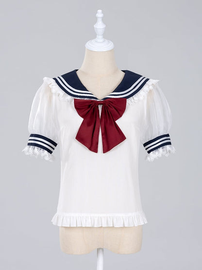 Jirai Kei Summer Sailor Collar Short Sleeves Blouse with Red Bowtie Snow White Vibes