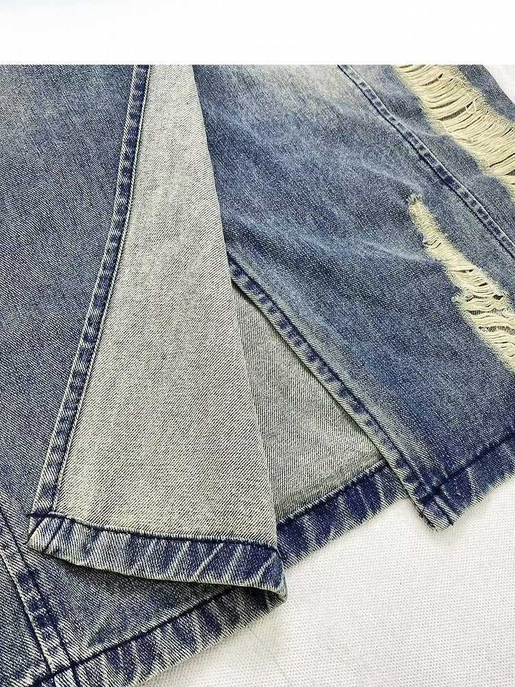 Blue Distressed Holes Details Slit Denim Skirt