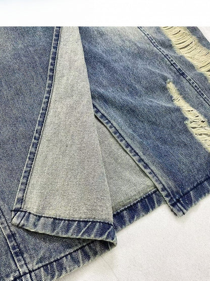 Blue Distressed Holes Details Slit Denim Skirt
