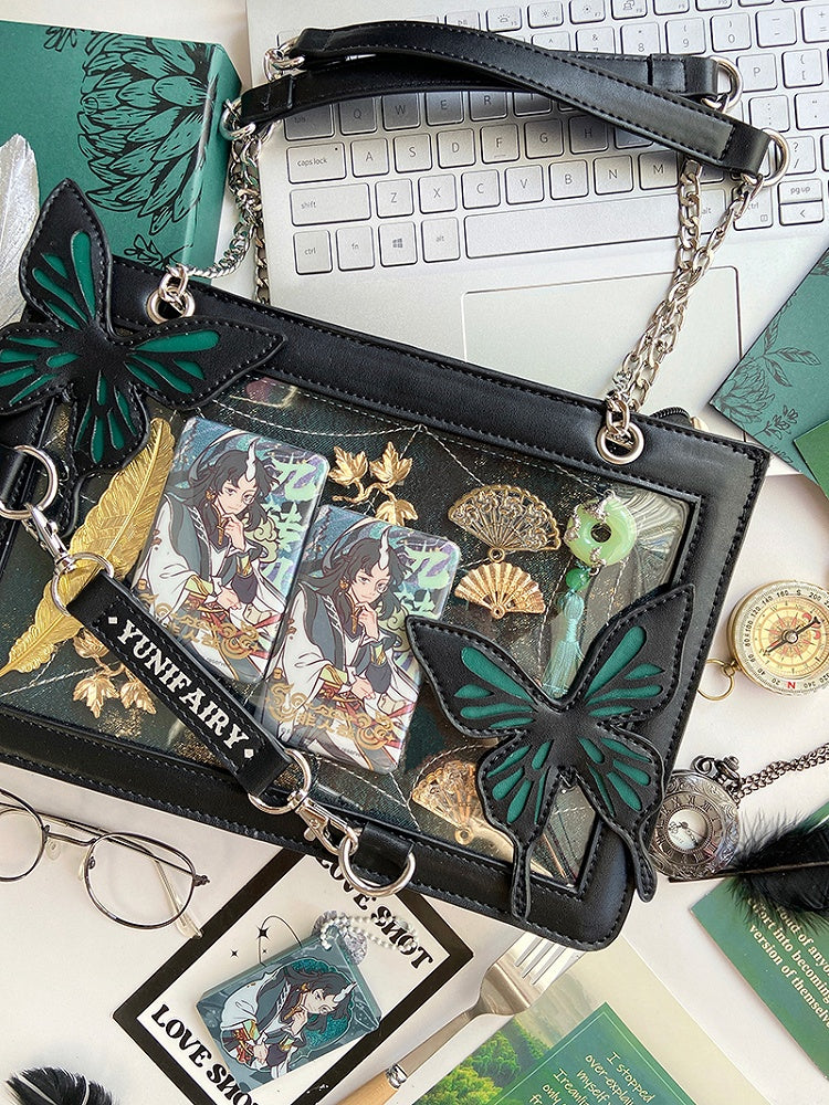 Green Ita Shoulder Bag with Gold Butterfly and Spiderweb Details – Small Capacity