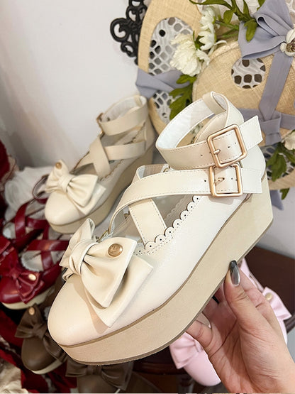 Platform Off-white Lolita Shoes - Crisscross Design & Top Bow