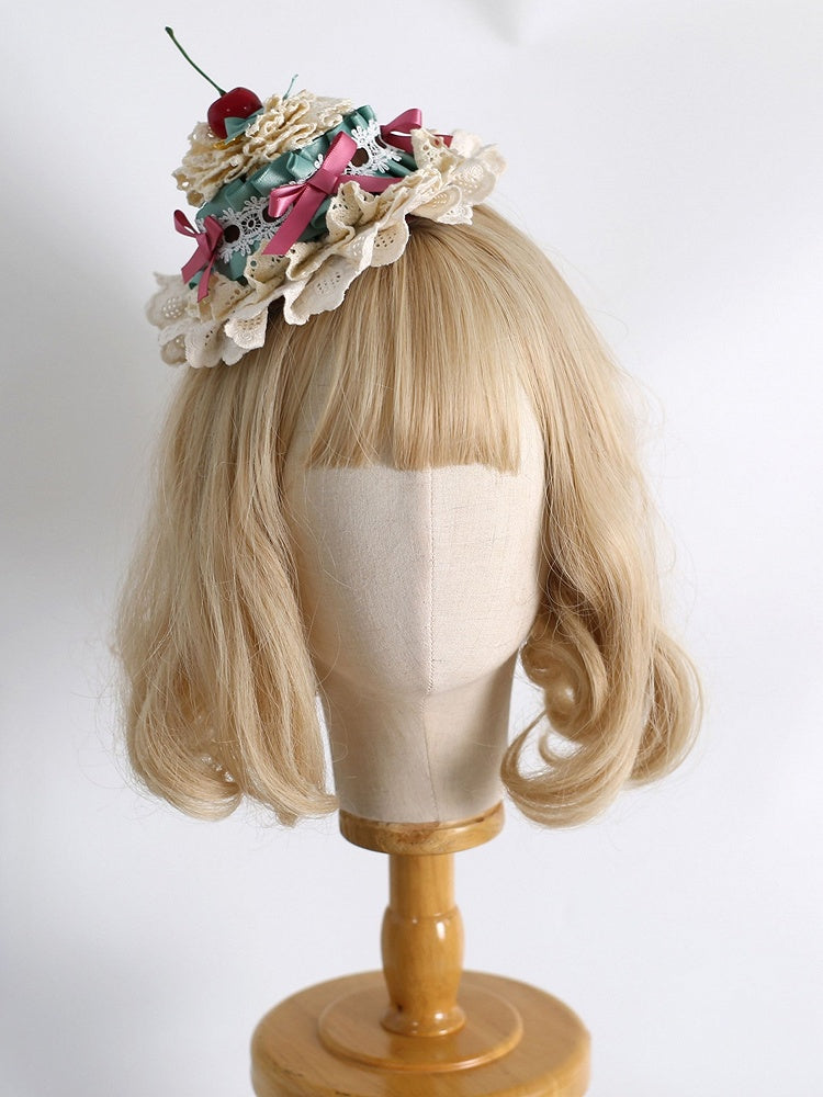 Green&Pink Sweet Lolita Bowknot Details Cherry Decorated Lace Trim Mini Hat