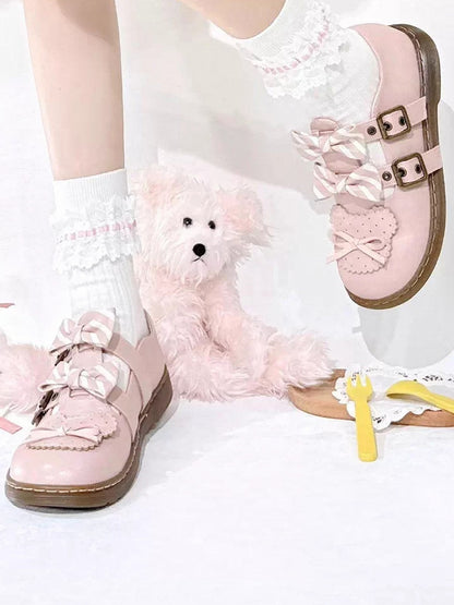 Pink Striped Pattern Bowknot Details Bear Design Lolita Flats