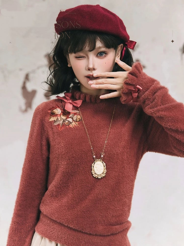 Maple Leaf Embroidery Neckline Bowknot on Cuffs Brick Red Autumn Knit Top