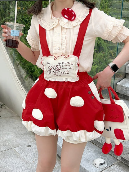 Fleece White Spot Applique Red Sweet Lolita Mushroom Bubble Short with Detachable Straps