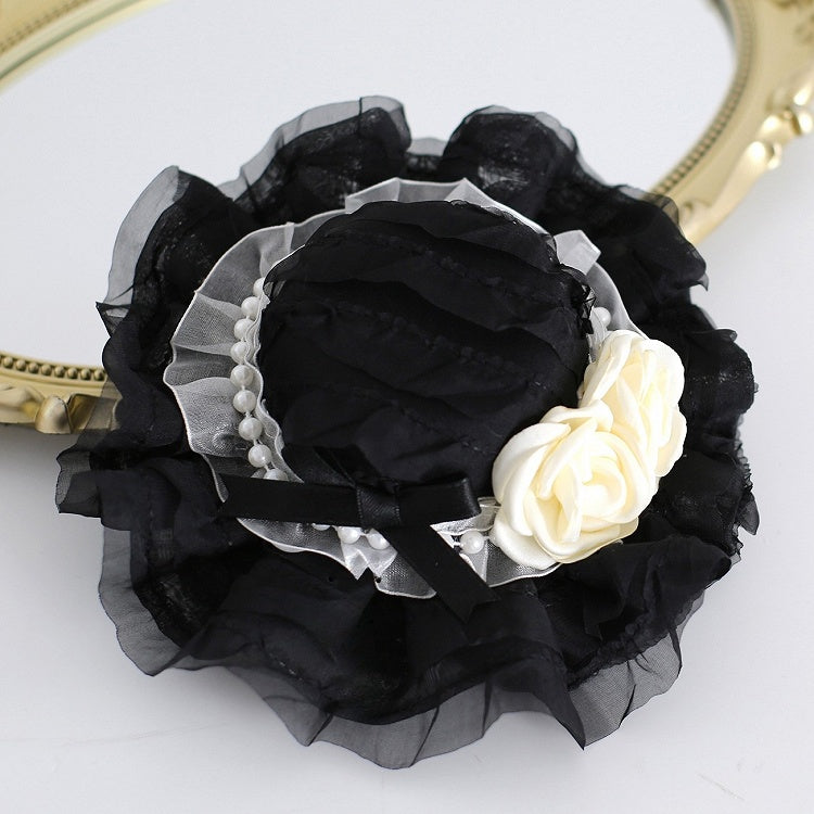 Black Beaded Decorated Camellia Design Lace Trim Mini Hat