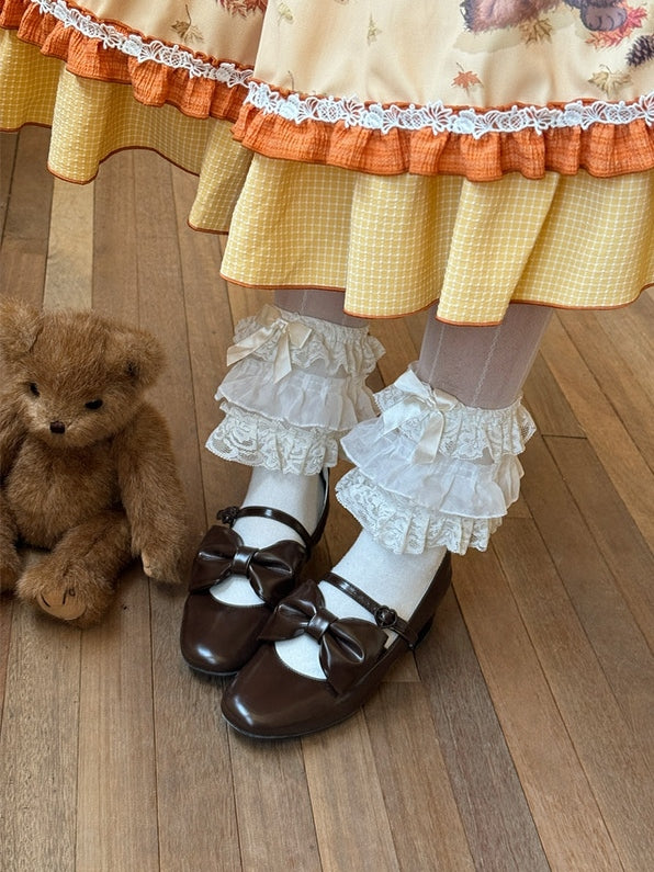 Brown PU Classic Lolita Shoes - Mary Janes with Mid Heel, Bow Accents & Decorative Heart Buckle