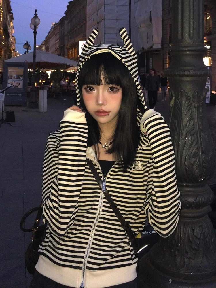 Y2K Black & White Stripes Zip-Up Hoodie with Devil Hood