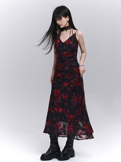 Red and Black V-Neck Ankle Length Floral Slip Dress