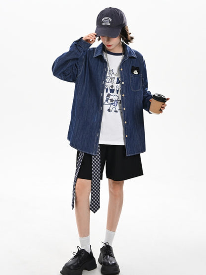 Cute Kitty Embroidery Dark Blue Faded Wash Denim Shirt