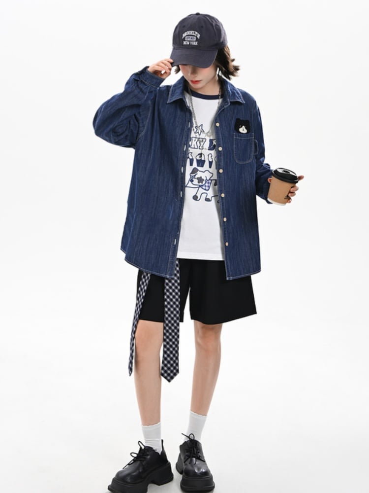 Cute Kitty Embroidery Dark Blue Faded Wash Denim Shirt