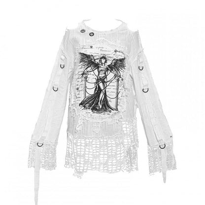 White Angel Print Cutout Shoulders Punk Oversize Sweat Shirt