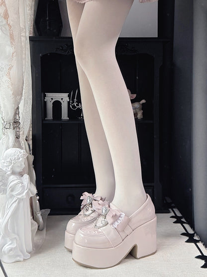 Jirai Kei Dusty Pink Platform Shoes: 9.5cm Block Heel with Top Bow & Heart Rhinestone