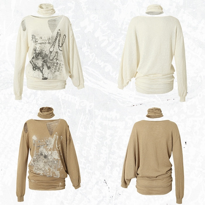 Beige/Khaki Wasteland Punk Distressed Holes Asymmetrical Neckline Sun Protection Top