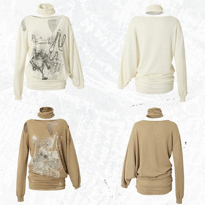 Beige/Khaki Wasteland Punk Distressed Holes Asymmetrical Neckline Sun Protection Top