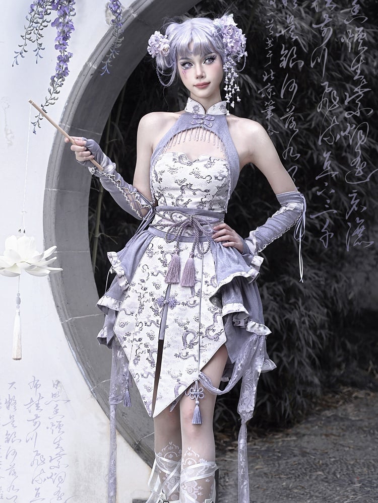 Clearance - Size S for Bust 78-84CM Purple Cheongsam Banded Collar Halter Neck Top Chinoiserie Dragon Print