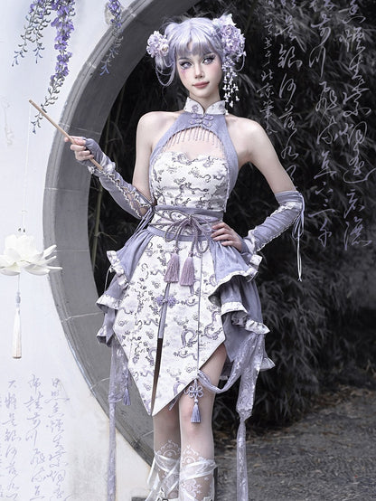 Clearance - Size S for Bust 78-84CM Purple Cheongsam Banded Collar Halter Neck Top Chinoiserie Dragon Print