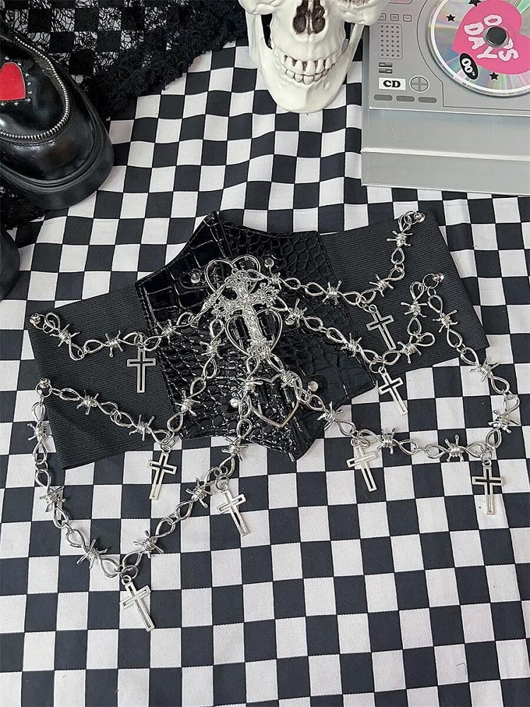 Y2K Punk Crosses Charm Black Heart Design Corset Belt with Chains