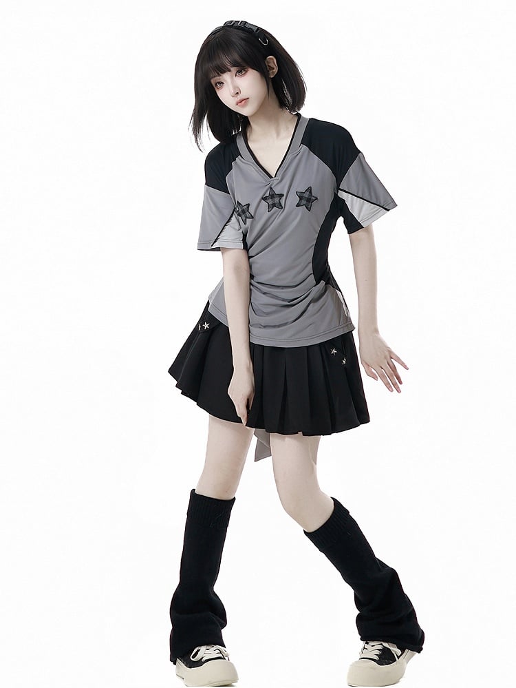 Black/Gray Colorblock Design Plaid Star Appliques V-neck Sports T-shirt