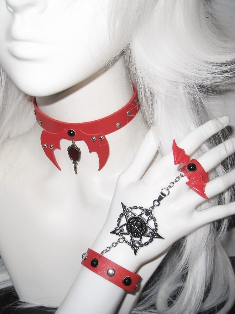 Black/White/Red Stud Detail Bat Wings Design Punk Choker