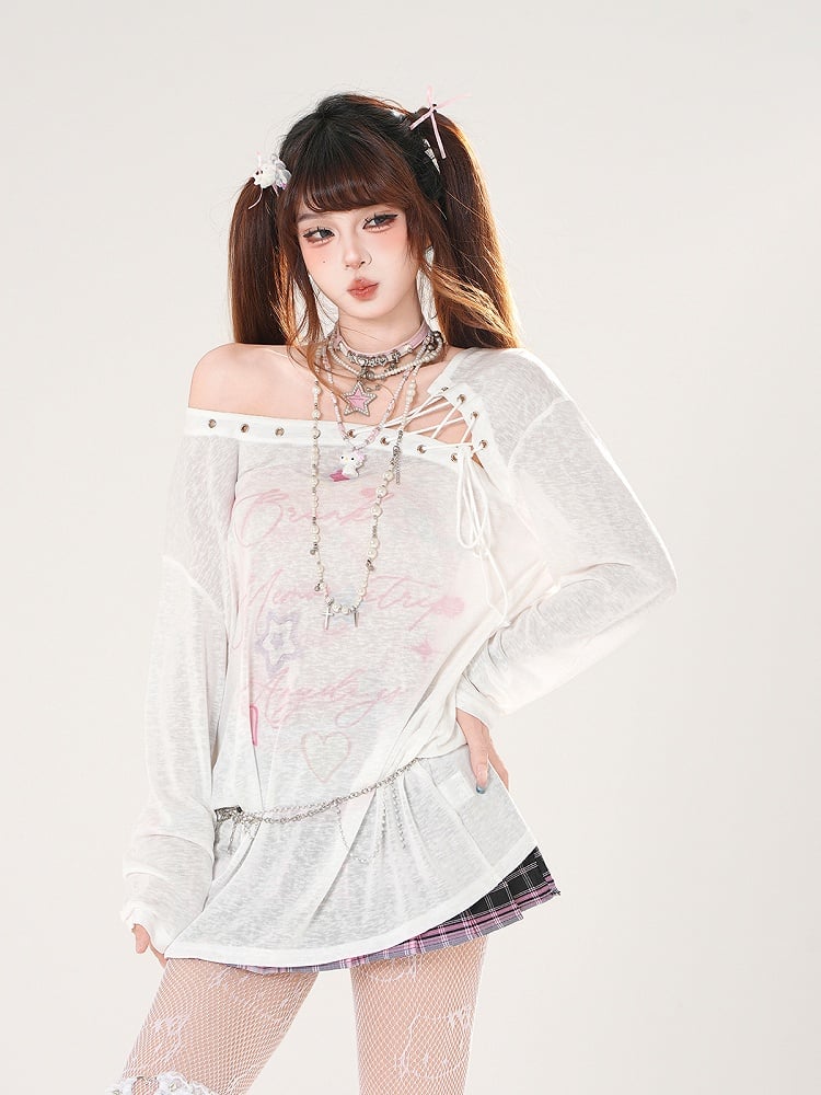 Lace-up Asymmetrical Neckline Blue/White Semi-sheer Coverup