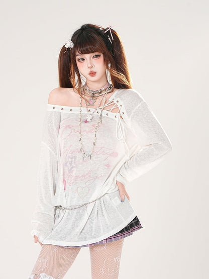 Lace-up Asymmetrical Neckline Blue/White Semi-sheer Coverup