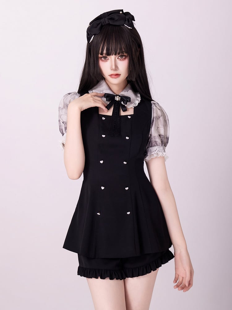 Jirai Kei Three Pieces Set Short Puff Sleeves Top Black Shorts and Grey Floral Print Cape