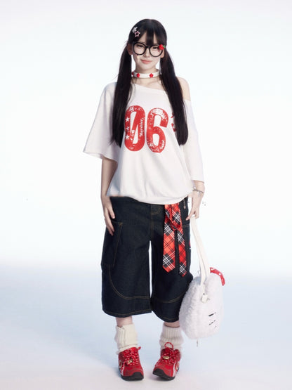 Black Low Waist Heart Embroidery Wide-leg Cargo Jeans