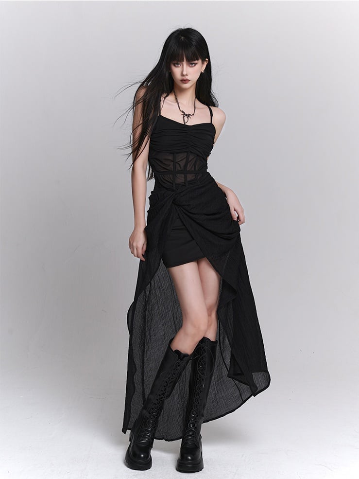 Gothic Black Twist Detail Slit Slip Dress