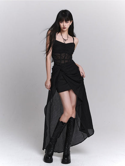 Gothic Black Twist Detail Slit Slip Dress
