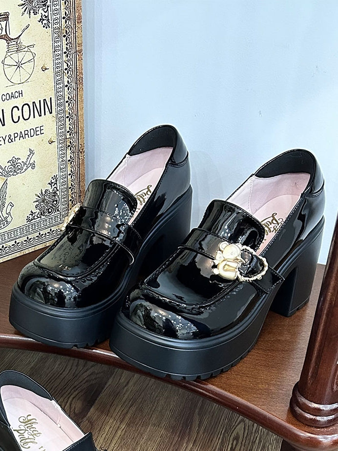Polished Black Hugging Bear Heart Buckles Platform High Block Heels Slipons