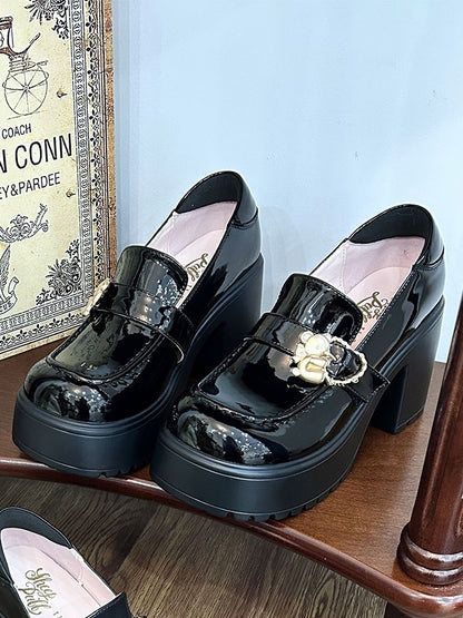 Polished Black Hugging Bear Heart Buckles Platform High Block Heels Slipons
